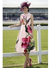 cheap Tea Length-A-Line Tea Length Derby Dress Mother of the Bride Dress Sleeveless Bateau Neck Elegant Vintage Kentucky Derby Satin with Flower Print