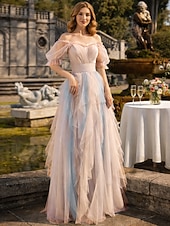 preiswerte Lange Kleider &amp; Abendkleider-A-Linie Bodenlang Abiballkleider Farbblock Feenstil Halbarm Rundausschnitt Hochzeitsgast Hochzeitsfeier Tüll mit Falten Rüschen