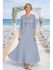 preiswerte Mamas Kleidersets-Zweiteilig Kleid-Sets Knöchellänge Kleid für Hochzeitsgäste Brautmutterkleid Langarm Rundhalsausschnitt Elegant Hochzeitsgast Kirche Chiffon mit Spitze Stickerei