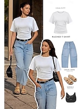  Femmes T-shirt Froncé Couleur Unie Uni Mode Élégant Classique Manche Courte Col ras du cou Col rond Hauts courts Quotidien Sortir Week-end Marron Sapin Noir Blanche Rose Claire Vin Été Printemps