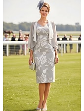 cheap Mom's Dress Sets-Two Piece Sheath Column Tea Length Wedding Guest Dress Mother of the Bride Dress 3/4 Length Sleeve V Neck Elegant Vintage Formal Wedding Guest Chiffon Lace Jacket Dresses with Lace Cascading Ruffles