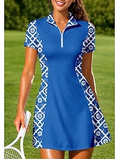 cheap Women's Tennis Dress-Women's Geometric Sports Dress Tennis Polo Dress Short Sleeve Quarter Zip Elastic Sweat-Wicking Breathable Volleyball Tennis Golf Turndown Dress Black Red Blue Tennis Clothing