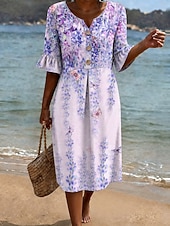abordables Robes Rayés et Géométriques-Femmes Robe Midi Robe d'Été Robe Décontractée Robe trapèze Élégant Vacances Occasionnel Plage Fête Coupe Ample Graphique Géométrique Manche Courte Col en V Bleu Rose Claire Violet Vert Été Printemps