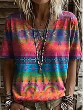 preiswerte Boho-T-Shirt-Damen T Shirt Druck Blumen Grafik Geometrisch Vintage Stilvoll Lässig Kurzarm Rundhalsausschnitt Normale Oberteile Lässig Täglich Wochenende Schwarz Rosa Staubiges Blau Braun Sommer Frühling