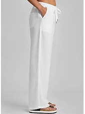 ieftine Pantalonii-pantaloni de vară pentru femei 100% bumbac mărimi mari, vară, vacanță, simplu, casual, zilnic, lungime completă, talie înaltă, culoare uni, șnur, picior larg, confortabil, uscare rapidă, micro-elastic, purtare zilnică, gri, negru, alb închis