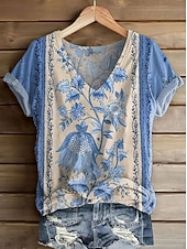 preiswerte Boho-T-Shirt-Damen T Shirt Druck Blumen Grafik Pflanzen Vintage Stilvoll Lässig Kurzarm V Ausschnitt Normale Oberteile Täglich Wochenende Blau Gelb Rosa Wein Rote Sommer Frühling