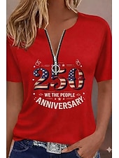  T-shirt pour femme américaine du Jour de l'Indépendance Zippé Quart de Fermeture Graphique Géométrique Bloc de Couleur Tropical Hawaïen Élégant Manches Courtes Col Ronde Col V Hauts Quotidien Sports