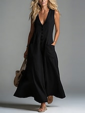 preiswerte Kleider-Damen Maxikleid Kleider in Leinenoptik Shiftkleid Sommerkleid Lässig Täglich Normale Passform Einfach Ärmellos V Ausschnitt Schwarz Weiß Rosa Aprikose Sommer