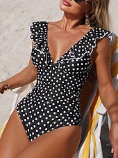 preiswerte Einteilige Badeanzüge-Damen Badeanzug Einteiler Monokini Bademode Bauchkontrolle Hohe Taille Schlank Rückenfrei Urlaub Strandbekleidung Tupfen V Ausschnitt Ärmellos Badeanzüge