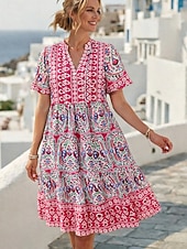 Χαμηλού Κόστους Boho Φόρεμα-Γυναικεία Φόρεμα μέχρι το γόνατο Φόρεμα Boho Φόρεμα πουκαμίσα Κομψό Βοημία Etnic Παραλία Αργίες Χαλαρή Εφαρμογή Γραφική Γεωμετρικό Κοντομάνικο Όρθιος Γιακάς Θαλασσί Ανθισμένο Ροζ Πορτοκαλί