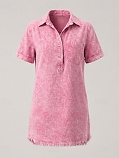 ieftine Rochie simplă-Rochie de damă până la genunchi, spălată, 90% bumbac, vintage, casual, mânecă scurtă, guler cămașă, albastru, negru, roz, vară, primăvară