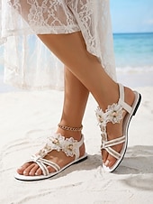abordables Sandalias Planas-Sandalias de playa blancas románticas para mujer: cómodas chanclas planas con detalle de flor en 3D para vacaciones de verano, bodas en la playa y ropa de resort tropical.