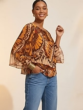 abordables camisas, tops y blusas-Top de gasa fluida con capas y estampado de mariposas de la jungla