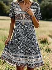 cheap Boho Dress-Halloween Women's Knee Length Dress Sundress T Shirt Dress Tee Dress A Line Dress Vacation Casual Boho Beach Regular Fit Floral Graphic Short Sleeve V Neck Black Summer Spring