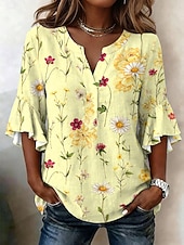 voordelige Bloemen Blouses-Dames Blouse Ruche Afdrukken Bloemig Grafisch Vakantie Dagelijks Retro vintage 3/4 mouw V-hals Normale tops Casual Dagelijks Feestdagen blauw Geel Blozend Roze Paars Zomer Lente