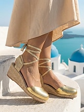 ieftine Espadrile-Sandale clasice negre cu șireturi pentru femei - tocuri elegante tip espadrilă cu vârful închis și înfășurare la gleznă pentru vacanțe pe insule, călătorii în Marea Mediterană &amp;ținute de stațiune de