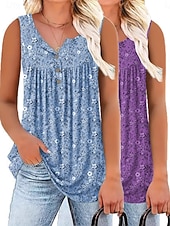 cheap Plain Tank-Multi Packs 2pcs Women's V Neck Sleeveless Yellow+Blue Tank Sleeveless Shirt Tee Top Floral Casual Daily Polyester Summer