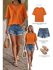 Недорогие Простая футболка-Жен. Вафельная рубашка Футболка Футболки Топы в вафельном вязании Сплошной цвет Классика Современное На каждый день С короткими рукавами Вырез под горло Обычные топы Повседневные Праздники На выход