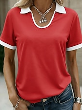 baratos Camiseta lisa-Mulheres Blusa Patchwork Bloco de cor Vintage à moda Manga Curta Colarinho polo Tops regulares Diário Feriado Para Noite Preto Vermelho Azul Marinha Verde Escuro Verão Primavera