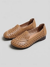 levne Dámské boty s plochou podrážkou-Dámské khaki perforované nazouvací boty s barevnými bloky – prodyšné vintage boty širokého střihu pro každodenní nošení, cestování a pohodlí při každodenním nošení
