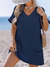 Недорогие Пляжные платья-Жен. Купальники Накидка Купальное платье Платья купальник Пэчворк Карман Отпуск Одежда для пляжа Полотняное плетение V-образный вырез Короткие рукава Купальники
