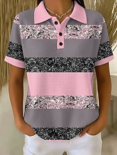 ieftine Tricou cu dungi și geometric-Pentru femei Tricouri polo Waffle Grafic Geometric Stilat Clasic Manșon scurt Gulerul Polo Topuri obișnuite Casual Zilnic Albastru piscină Galben Roz Îmbujorat Vară Primăvară