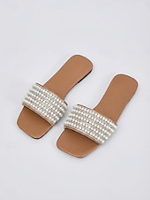 cheap Women-Women's Black Pearl Decorated Slide Sandals - Chic Flat Beach Slippers with Faux Pearl Straps for Island Vacations, Summer Resorts &amp; Elegant Poolside Lounging