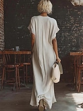 economico Vestiti-Per donna Abito maxi Abiti effetto lino Abito a trapezio Casual Quotidiano Vestibilità comoda Semplice Manica Corta Scollo a V Blu Nero Bianco Giallo Estate Primavera