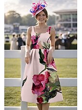 economico Lunghezza alla caviglia-Linea ad A Lunghezza alla caviglia Abito Derby Abito da cerimonia per signora Senza Maniche Scollo Tondo Elegante Vintage Derby del Kentucky Raso con Stampa floreale Fiore Stampa