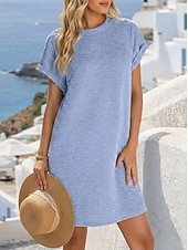 cheap Plain Dress-Women's Mini Dress Casual Dress T Shirt Dress Tee Dress Summer Dress Basic Classic Daily Vacation Loose Fit Plain Short Sleeve Crew Neck Black Light Green Pink Navy Blue Summer Spring