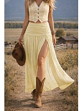 economico Gonne da Vacanza-Per donna Gonna da vacanza Elegante Vintage Moda Casual Maxi Vita Alta Gonne Semplice Arricciato Patchwork Con Spacco Inelastico Quotidiano Spiaggia Aalbicocca Nero Bianco Verde Estate
