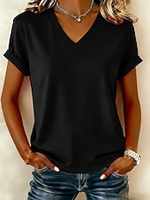 preiswerte Einfarbiges T-Shirt-Damen T Shirt Baumwollhemd Einfarbig Klassisch Kurzarm V Ausschnitt Normale Oberteile Lässig Täglich Ausgehen Schwarz Weiß Rosa Sommer Frühling