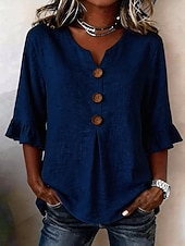 preiswerte Wesentliche Falsche Hemden-Damen Bluse Rüsche Knöpfe Einfarbig Stilvoll Basic Lässig Dreiviertelarm V Ausschnitt Normale Oberteile Täglich Blau Weiß Marineblau Grün Sommer Frühling Herbst