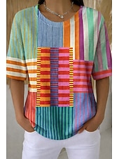 abordables Camiseta a rayas y geométrica-Mujer Camiseta con diseño de gofre Tops tejidos con textura Tops de verano Bloque de Color Graphic Geométrico Elegante Clásico Manga Corta Cuello Barco Escote Redondo Tops regulares Casual Diario