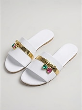 cheap Slide Sandals-Women's Embellished Slide Sandals – Flat Slip-On Beach Sandals with Gemstone &amp; Gold Detail, Boho Chic Resort Style for Summer Island Vacation &amp; Seaside Wear