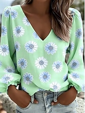 voordelige Strepen- en Geometrische Blouses-Dames Overhemd Boho-shirt Bloemig Grafisch Elegant Bohemen Vakantie Lange mouw V-hals Normale tops Casual Dagelijks Feestdagen Lichtgroen Hemelsblauw Zomer Lente