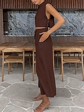 Недорогие Наборы-Women's Cotton Linen Sets Two Piece Sets Camis Sleeveless Crew Neck Plain Vacation Fashion Streetwear Casual Daily Outdoor Orange Brown Green Summer Regular Fit