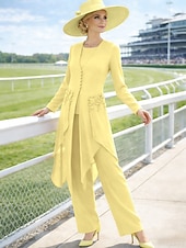 cheap Mom's Pant Suits-3 Piece Ankle Length Mother of the Bride Dress Long Sleeve Scoop Neck Elegant Vintage Wedding Guest Semi Formal Chiffon Lace with Appliques