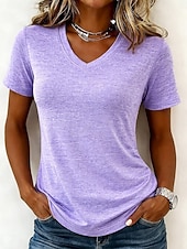 abordables T-shirt uni-Femmes T-shirt Couleur Unie Élégant Basique Manche Courte Col en V Hauts Réguliers Occasionnel Sports Week-end Noir Vert Claire Rose Claire Violet Claire Gris Clair Été Printemps