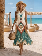 economico Abiti casual-Per donna Abito Midi Abito Estivo Vacanza Spiaggia Vestibilità regolare Floreale Senza Maniche Scollo a V Blu Bianco Verde Estate Primavera