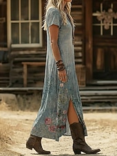  Damen Midikleid Boho-Kleid Freizeitkleid A Linie Kleid Druckkleid Vintage Outdoor Urlaub Wochenende Normale Passform Blumen Grafik Kurzarm V Ausschnitt Grün Sommer Frühling