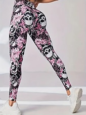 abordables Leggings y mallas de yoga-Women's Pilates Pants Yoga Pants Ruched Butt Lifting High Waist Gym Workout Running Fitness Leggings Skull Floral Botanical Pink Sports Activewear