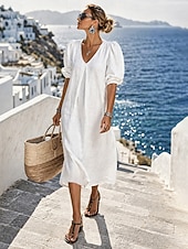 economico Vestiti-Per donna Abito Midi Abiti effetto lino Abito a Tubino Abito Camicia Abito Bianco Essenziale Moderno Quotidiano Vacanza Weekend Vestibilità comoda Semplice Manica 3/4 Scollo a V Blu Giallo Chiaro