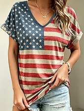  día de la independencia americana Mujer Camiseta Estampado Graphic Bandera estadounidense Vintage Elegante Clásico Manga Corta Escote en Pico Tops regulares Casual Diario Fin de semana Azul Piscina