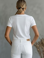 baratos Camiseta lisa-Mulheres Camiseta Camisa de algodão T-shirt Côr Sólida Moda à moda Básico Manga Curta Gola Redonda Decote Redondo Tops regulares Casual Diário Para Noite Branco Rosa Vermelho Laranja Verão Primavera