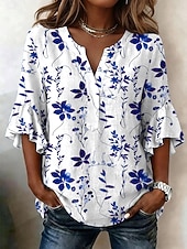 baratos Blusas Florais-Mulheres Blusa Frufru Imprimir Floral Gráfico Férias Diário Retro Vintage Manga 3/4 Decote V Tops longos Casual Diário Feriado Azul Vermelho Roxo Verde Verão Primavera