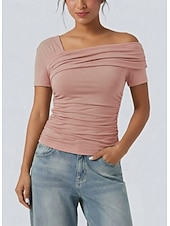 baratos Camiseta lisa-tops femininos de manga curta e um ombro só (estilo 2)