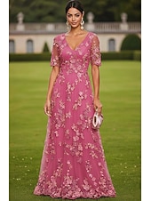 economico Lunghezza del pavimento-Linea ad A Abito Lunghezza al pavimento Vestito maxi Vestito da Festa Abito da Cocktail Abito da cerimonia per signora Manica Corta Scollo a V Elegante Vintage Lussuoso Formale Ospite di nozze Derby