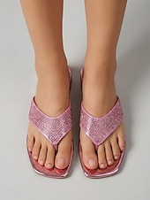 Χαμηλού Κόστους Σανδάλια Slide-Γυναικεία ροζ φλατ σανδάλια με στρας, βραδινές παντόφλες με ανοιχτή μύτη για δείπνο σε θέρετρο, διακοπές &amp;καλοκαιρινές εκδηλώσεις για πάρτι