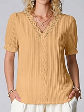cheap Plain tee-Women's T Shirt Lace Splicing Top Tee Top Lace Patchwork Plain Fashion Stylish Classic Short Sleeve V Neck Regular Tops Daily Going out Weekend Black White Yellow Purple Fuchsia Summer Spring
